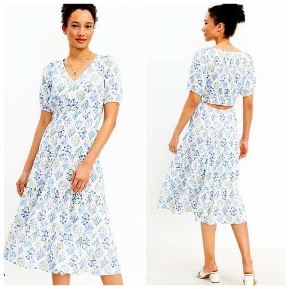 LOFT Dresses & Skirts - Nwot LOFT  White /Blue/Lavender Floral Puffed Sleeve Back Cutout Tier Midi Dress